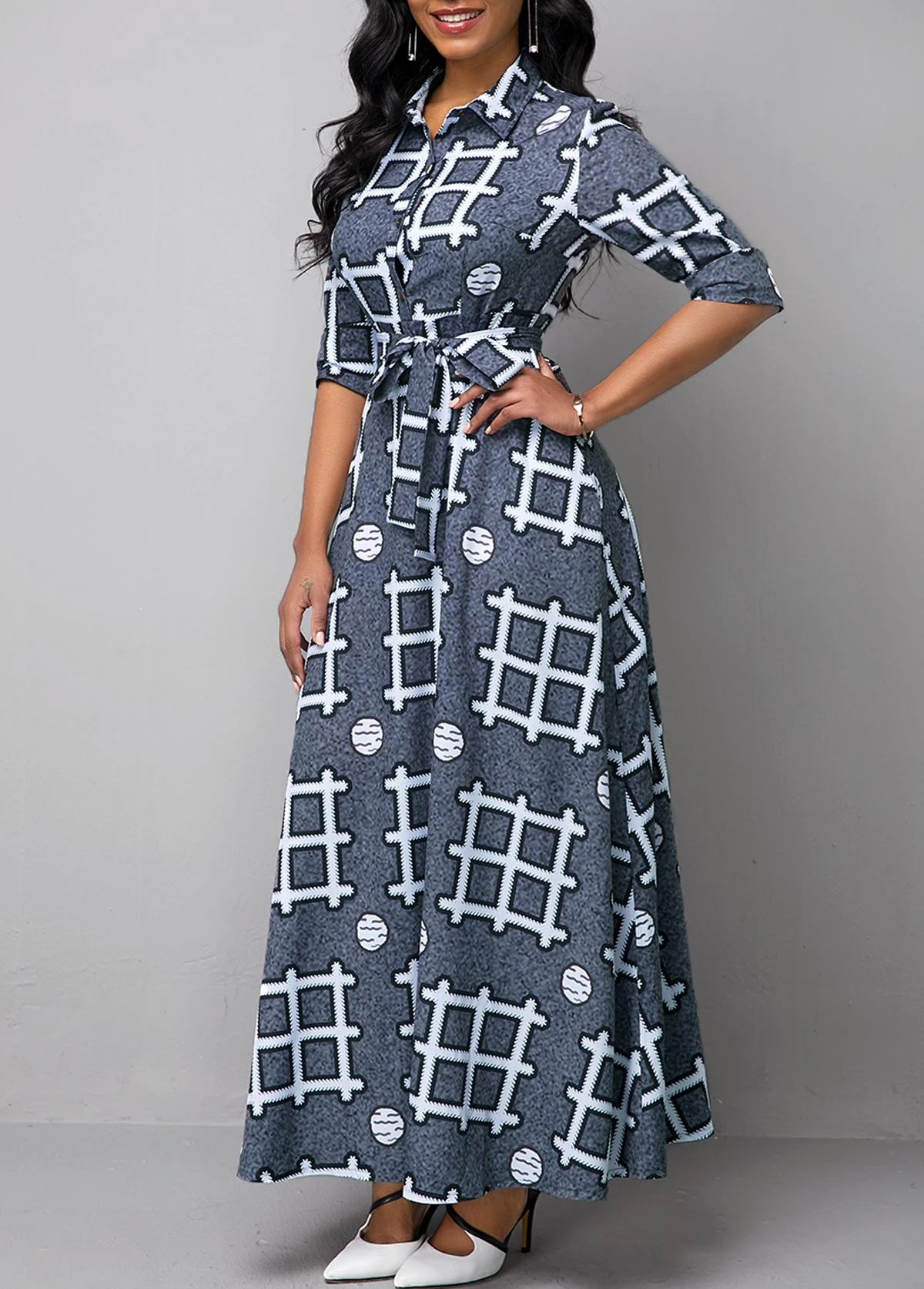 Long Sleeve Turndown Collar Geometric Print Dress 3 Long Sleeve Turndown Collar Geometric Print Dress - Image 3