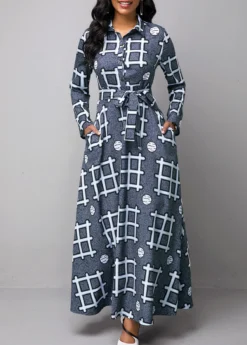 Long Sleeve Turndown Collar Geometric Print Dress
