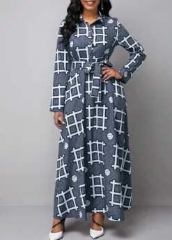 Long Sleeve Turndown Collar Geometric Print Dress 7 Long Sleeve Turndown Collar Geometric Print Dress -Elegance Swimwear Store 233265 P 15753734775183
