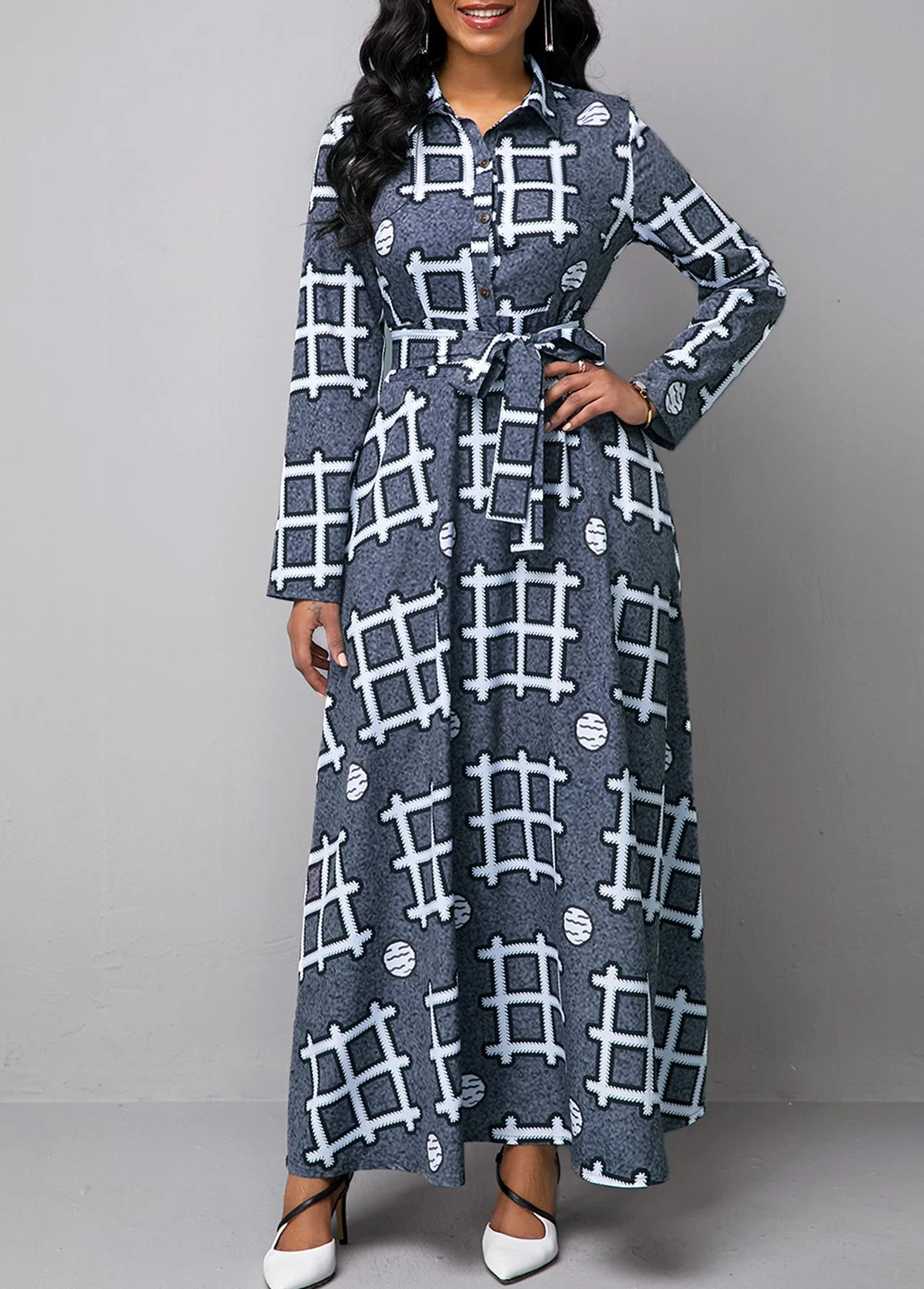 Long Sleeve Turndown Collar Geometric Print Dress 4 Long Sleeve Turndown Collar Geometric Print Dress - Image 4