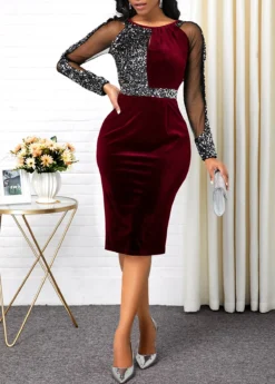 Mesh Panel Sequin Detail Back Slit Sheath Dress 9 Mesh Panel Sequin Detail Back Slit Sheath Dress -Elegance Swimwear Store 234227 P 15744106147433