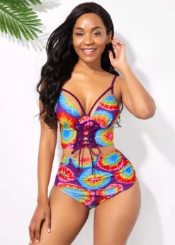 Multi Color High Waisted Printed Bikini Set