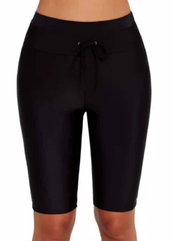 High Waist Drawstring Detail Black Swim Shorts
