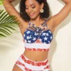 High Waisted American Flag Print Spaghetti Strap Bikini Set