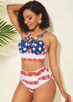 High Waisted American Flag Print Spaghetti Strap Bikini Set -Elegance Swimwear Store 238530 P 15898559258552