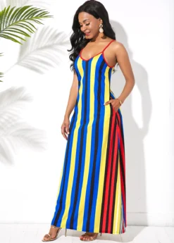 Multi Stripe Spaghetti Strap Side Pocket Maxi Dress -Elegance Swimwear Store 241492 P 15910911601522