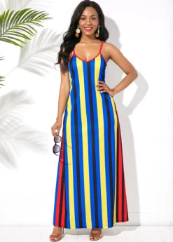 Multi Stripe Spaghetti Strap Side Pocket Maxi Dress -Elegance Swimwear Store 241492 P 15910911601974