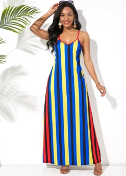 Multi Stripe Spaghetti Strap Side Pocket Maxi Dress -Elegance Swimwear Store 241492 P 15910911607593