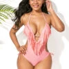 Tassel Embellished Halter Light Pink One Piece Swimwear
