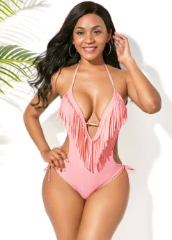 Tassel Embellished Halter Light Pink One Piece Swimwear