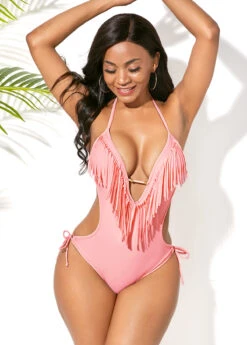Tassel Embellished Halter Light Pink One Piece Swimwear -Elegance Swimwear Store 242298 P 15942718333833