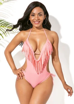 Tassel Embellished Halter Light Pink One Piece Swimwear -Elegance Swimwear Store 242298 P 15942718347034
