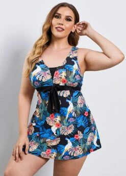 Tropical Print Bowknot Sash V Neck Swimdress And Shorts -Elegance Swimwear Store 244994 P 15953276445633