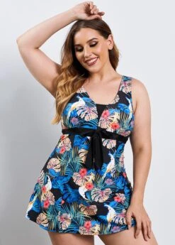 Tropical Print Bowknot Sash V Neck Swimdress And Shorts