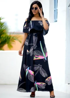 Belted Dragonfly Print Off The Shoulder Maxi Dress 7 Belted Dragonfly Print Off The Shoulder Maxi Dress -Elegance Swimwear Store 246434 P 15976338233563