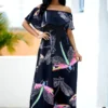 Belted Dragonfly Print Off The Shoulder Maxi Dress