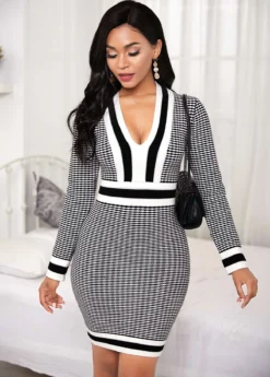 Contrast Houndstooth Print Plunging Neck Sweater Dress
