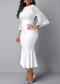 Mesh Panel Flare Sleeve Round Neck Mermaid Dress 8 Mesh Panel Flare Sleeve Round Neck Mermaid Dress -Elegance Swimwear Store 250282 P 15983402643952