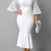Mesh Panel Flare Sleeve Round Neck Mermaid Dress