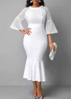 Mesh Panel Flare Sleeve Round Neck Mermaid Dress