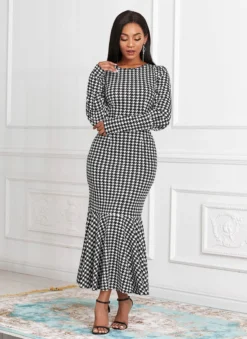 Houndstooth Print Long Sleeve Round Neck Mermaid Dress 7 Houndstooth Print Long Sleeve Round Neck Mermaid Dress -Elegance Swimwear Store 252648 P 16034488012163