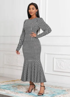 Houndstooth Print Long Sleeve Round Neck Mermaid Dress 6 Houndstooth Print Long Sleeve Round Neck Mermaid Dress -Elegance Swimwear Store 252648 P 16034488012442
