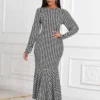 Houndstooth Print Long Sleeve Round Neck Mermaid Dress