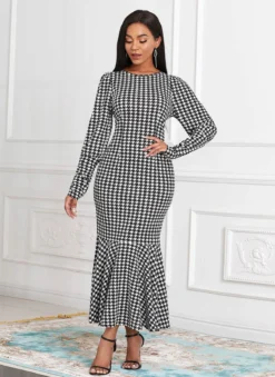 Houndstooth Print Long Sleeve Round Neck Mermaid Dress