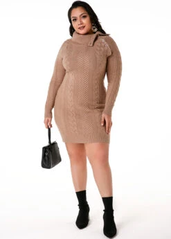 Plus Size Cable Knit Flap Collar Dress