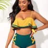 Ruffle Hem Contrast Spaghetti Strap High Waisted Bikini Set