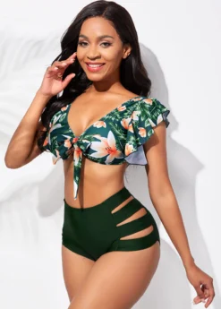 Floral Print Flounce Ladder Cutout High Waisted Bikini Set -Elegance Swimwear Store 257651 P 16069859540582
