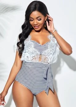 Retro Striped Lace Stitching Bikini Set -Elegance Swimwear Store 258899 P 16080175014302