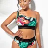 One Shoulder Floral Print High Waisted Bikini Set