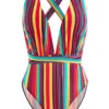 Rainbow Stripe Halter One Piece Swimwear