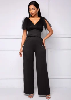 Mesh Stitching V Neck Black Jumpsuit