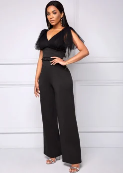 Mesh Stitching V Neck Black Jumpsuit -Elegance Swimwear Store 259410 P 16124261050162