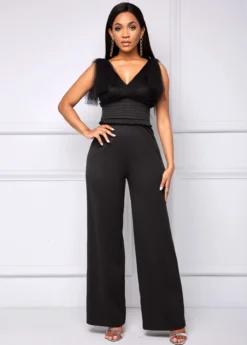 Mesh Stitching V Neck Black Jumpsuit -Elegance Swimwear Store 259410 P 16124261059453
