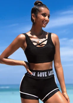 Letter Print Cross Strap High Waisted Bikini Set