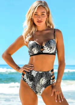 Leaf Print High Waist Ladder Cutout Bikini Set -Elegance Swimwear Store 260168 P 16182033275890
