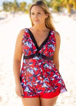 Plus Size Lace Stitching Floral Print Swimdress And Shorts -Elegance Swimwear Store 260183 P 16137280598313
