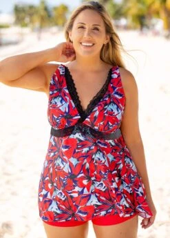 Plus Size Lace Stitching Floral Print Swimdress And Shorts -Elegance Swimwear Store 260183 P 16137280598352