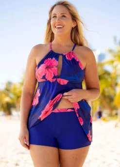 Plus Size Floral Print Criss Cross Back Swimdress And Shorts -Elegance Swimwear Store 260184 P 16129572206713