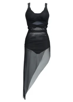 Asymmetric Hem Ruched Mesh Swimdress And Panty
