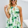 Keyhole Neckline Printed Strappy Back Swimdress And Shorts