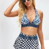 Checkered Print Halter Buckle Detail Bikini Set