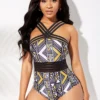 Tribal Print Cross Front One Piece Swimwear