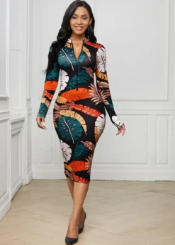 Zip Front Printed Long Sleeve Dress -Elegance Swimwear Store 260624 P 16091249241213