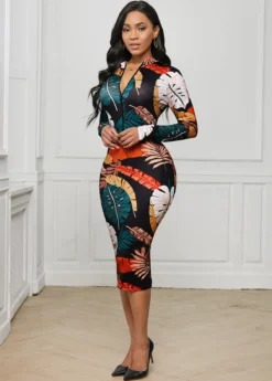 Zip Front Printed Long Sleeve Dress -Elegance Swimwear Store 260624 P 16091249242182