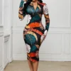 Zip Front Printed Long Sleeve Dress