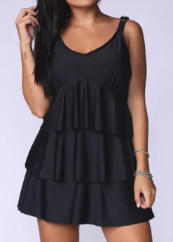 Black Layered Ruffle Hem Swimdress And Panty